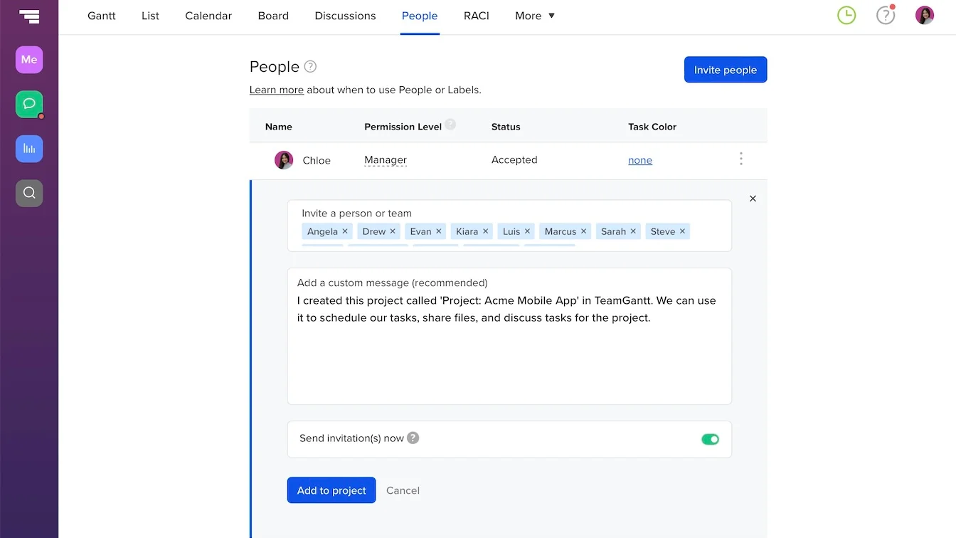 Screenshot of project invitation email for adding team members to the plan