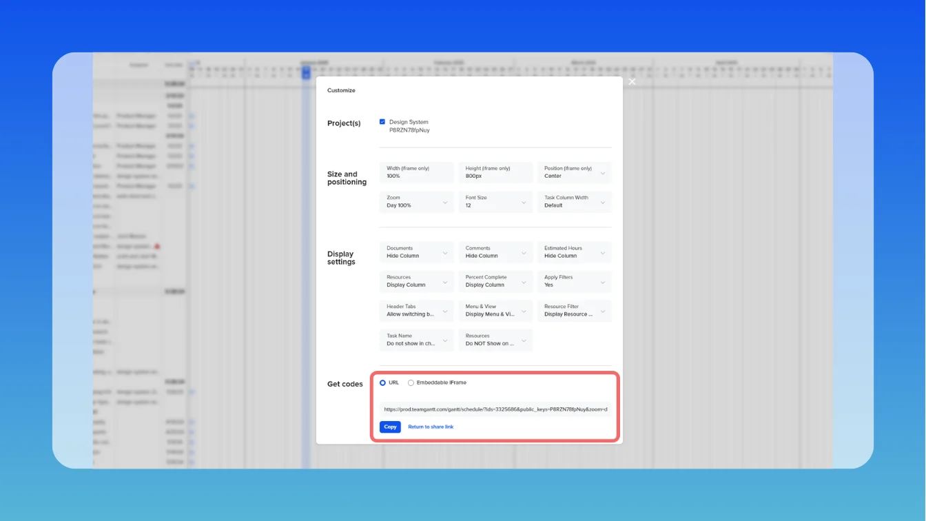 Screenshot of the customization options available for sharing a read-only link of the project timeline with external clients. You can control the size and positioning of the gantt chart and select various display settings to control the view clients see.