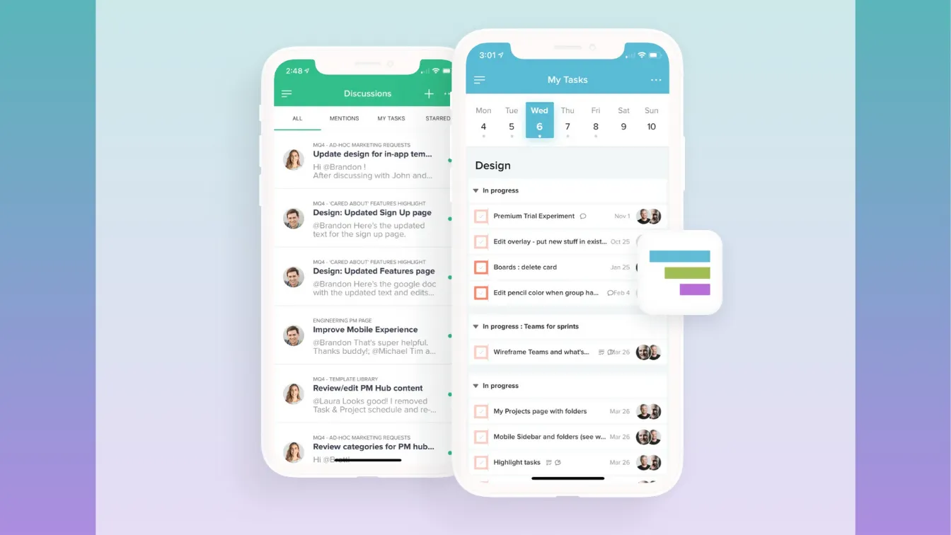 Two smartphones display the TeamGantt mobile app interface. The left screen shows the Discussions tab with a list of project updates, each including a title, team member names, and preview text. The right screen shows the My Tasks tab with a timeline at the top and a categorized task list below. Tasks are labeled “In progress” and include colored checkboxes, due dates, and team member avatars. A floating icon overlays the right phone, showing a simplified mini gantt chart with horizontal bars in blue, green, and purple.