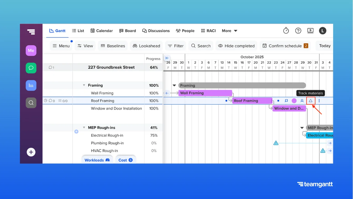 TeamGantt Gantt chart displaying a construction task titled “Roof Framing” in the timeline. A gray triangle icon appears to the right of the task bar with a visible tooltip labeled “Track materials.” The interface also shows task bars and progress indicators for related tasks like “Wall Framing” and “Window and Door Installation.”