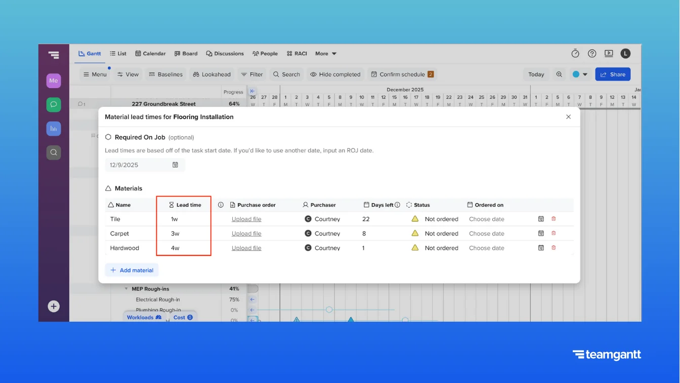 Material tracking window for “Flooring Installation” in TeamGantt, showing three materials—Tile, Carpet, and Hardwood—each with lead times entered in the Lead time column: 1w, 3w, and 4w respectively. The Required On Job date is set to 12/9/2025. Other columns include purchase order upload links, purchaser assignment to Courtney, days left, status, and ordered date. All materials are marked “Not ordered” with yellow triangle icons.